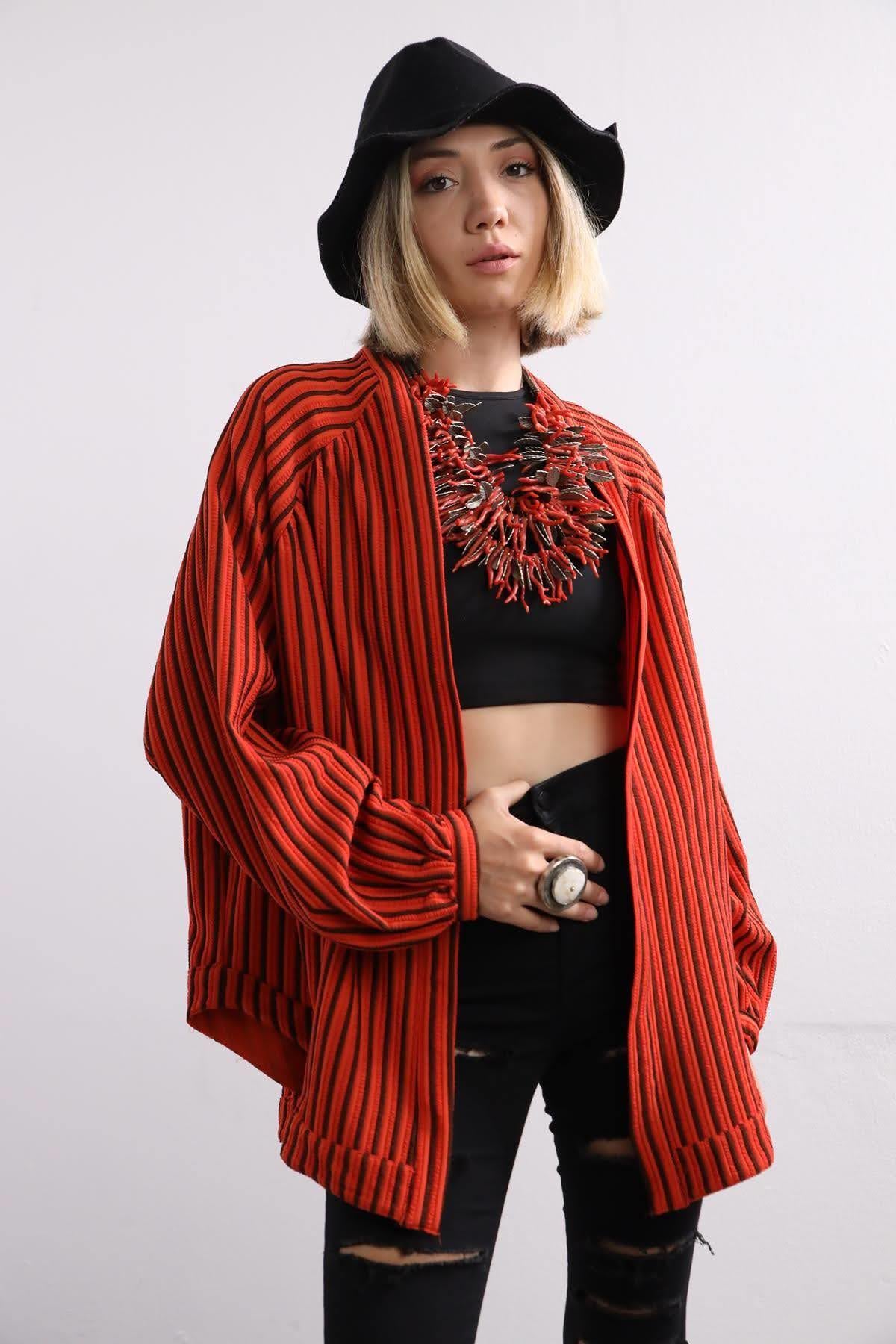 Turuncu Çizgili Ceket - Şaman Butik Turuncu Çizgili Ceket