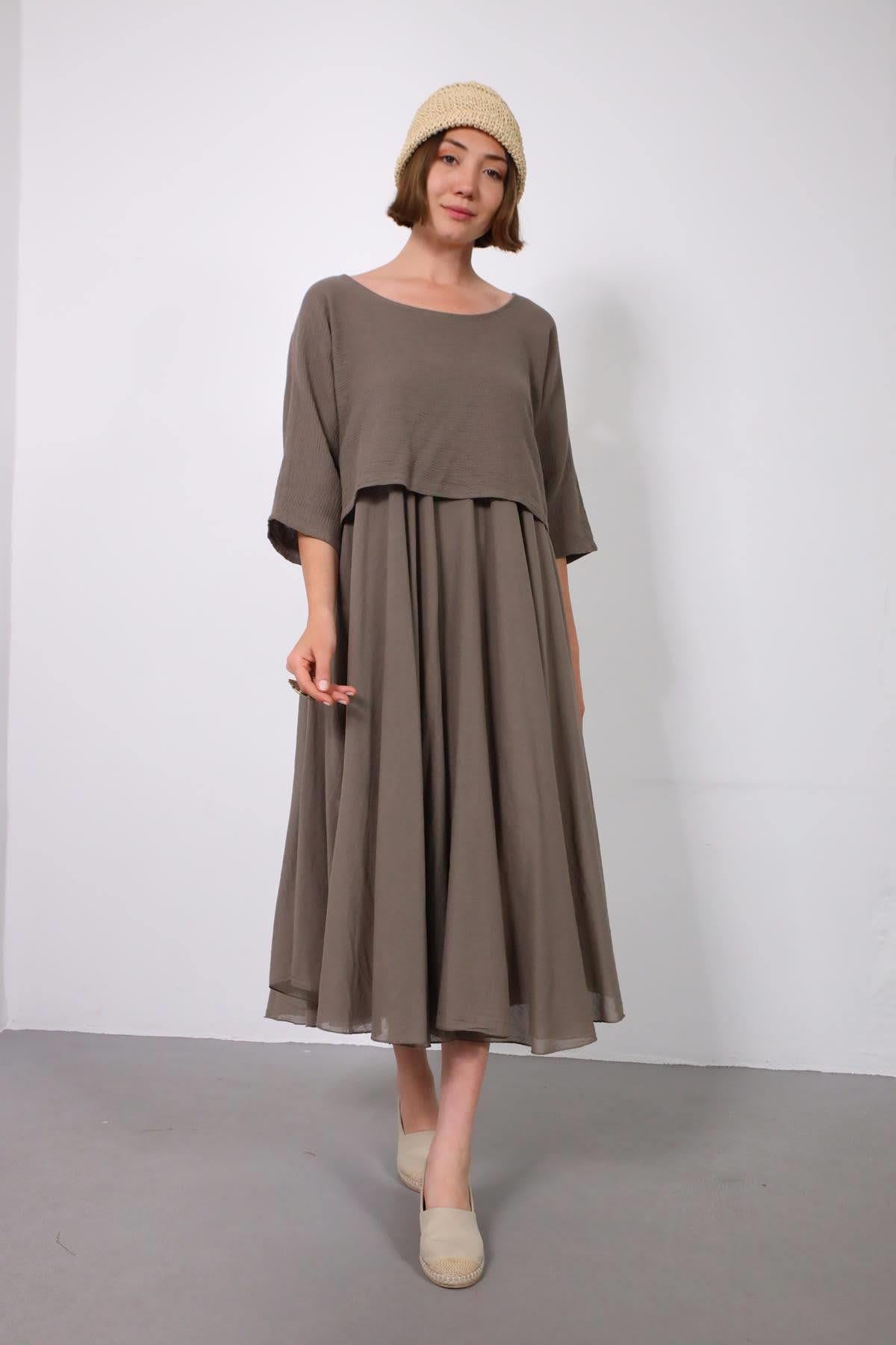 Koyu Vizon Askılı Bluz Detaylı Elbise - Şaman Butik Koyu Vizon Askılı Bluz Detaylı Elbise