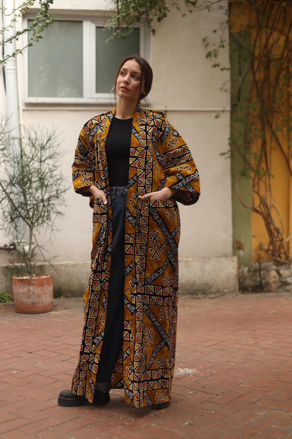 Hardal Rengi Büyük Cepli Uzun Kaftan