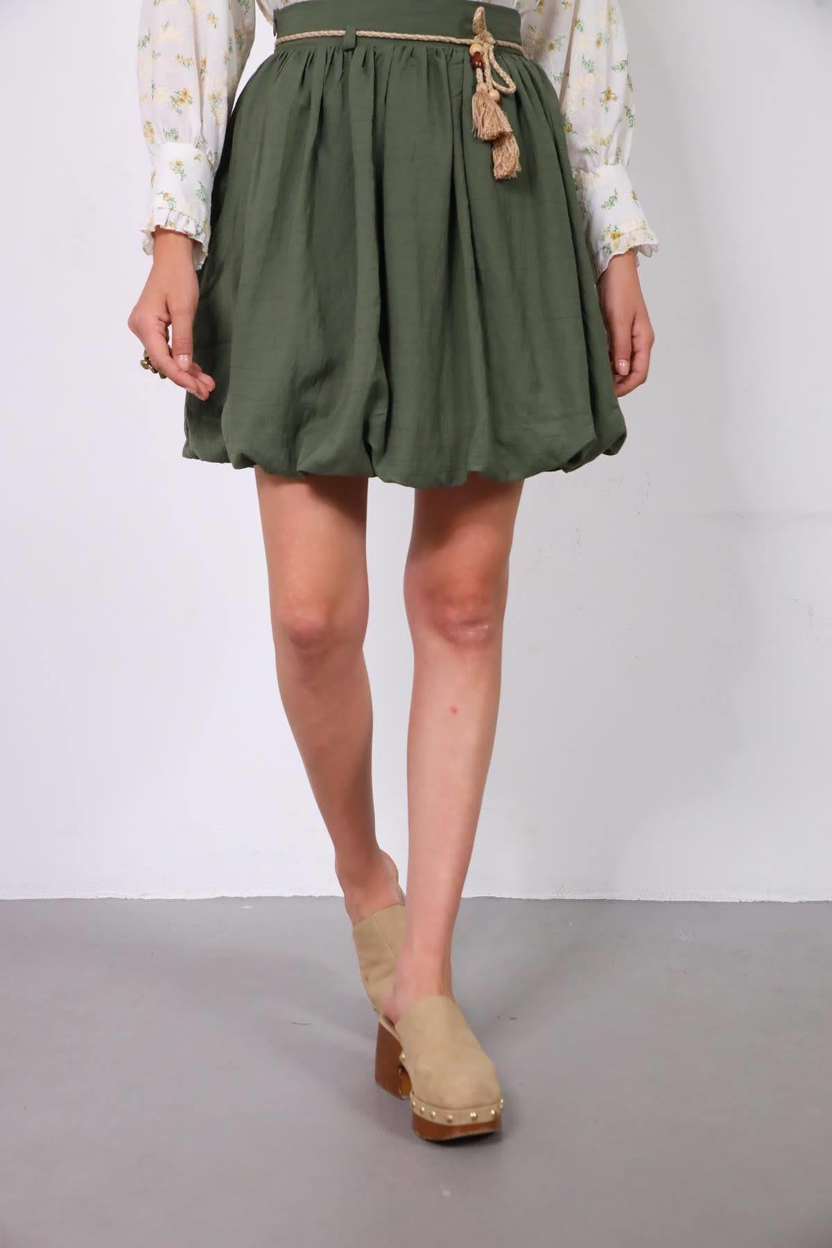 Haki Kemerli Mini Balon Etek - Şaman Butik Haki Kemerli Mini Balon Etek