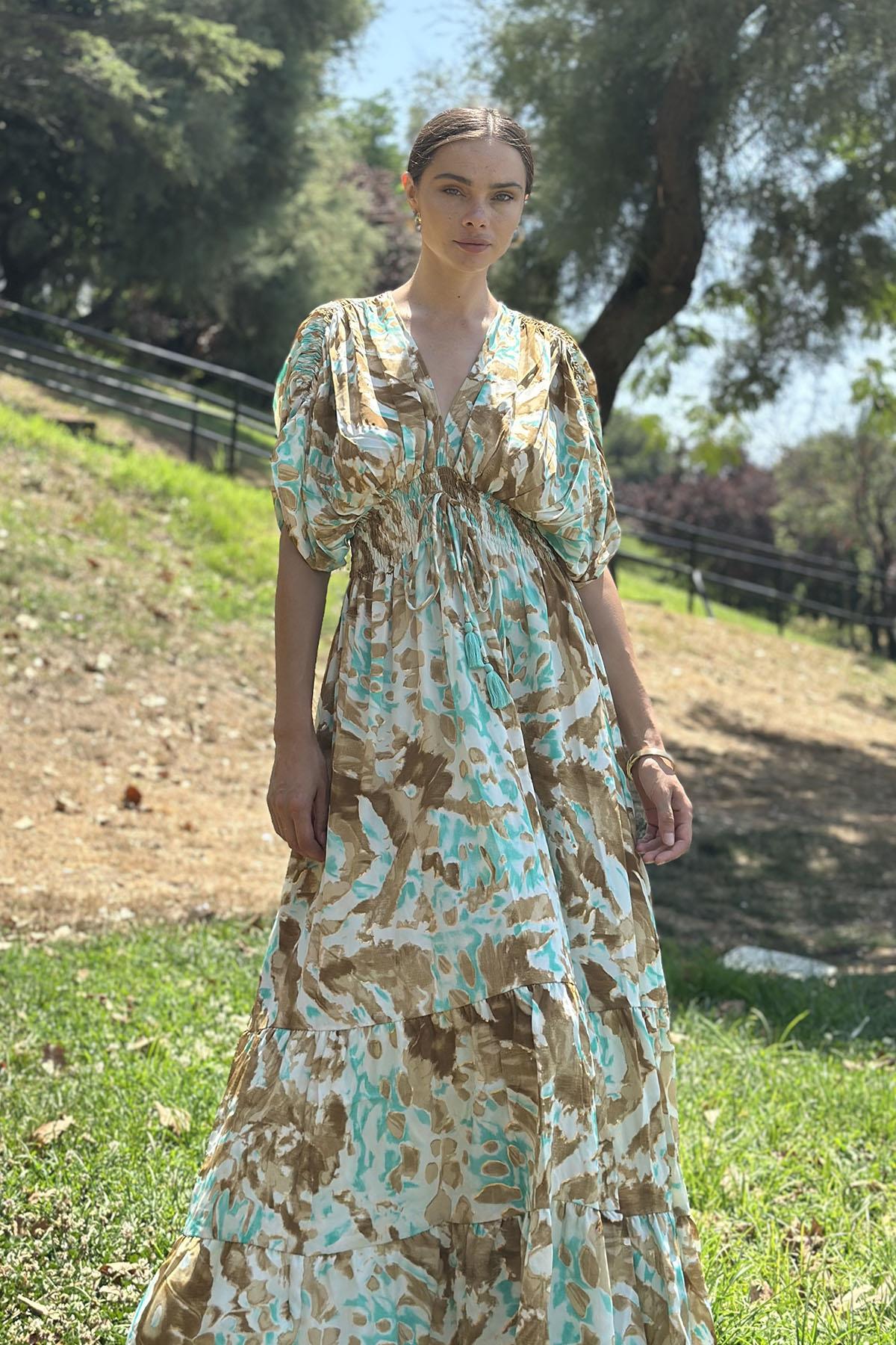 Light Brown Shoulder Detailed Authentic Silk Dress