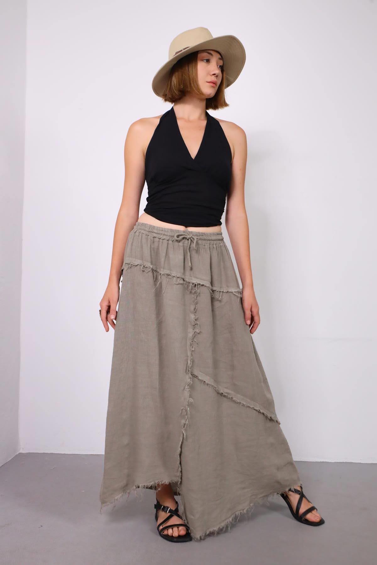  Vizon Rengi Asimetrik Püsküllü Dikiş Detaylı Keten Etek