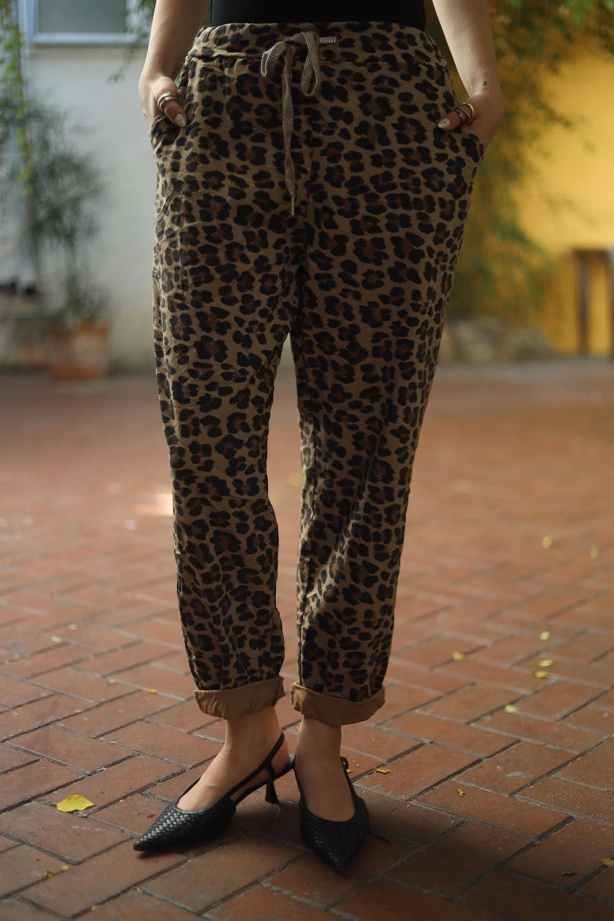 Camel Rengi Leopar Desenli Likralı Pantolon