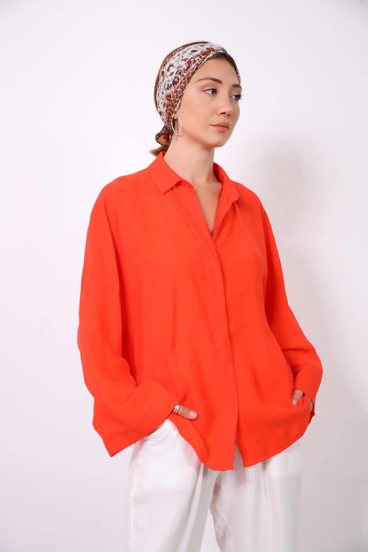  Koyu Turuncu Gizli Düğmeli Cepsiz Gömlek