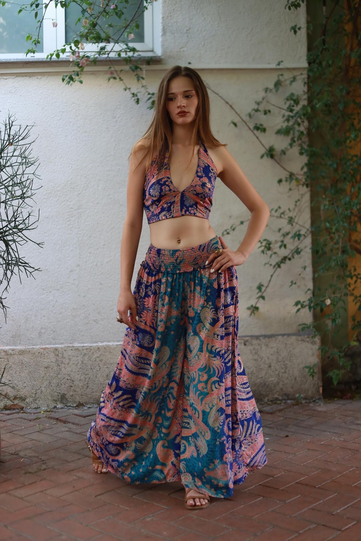 Blue Gimped Waist Silk Trouser Skirt