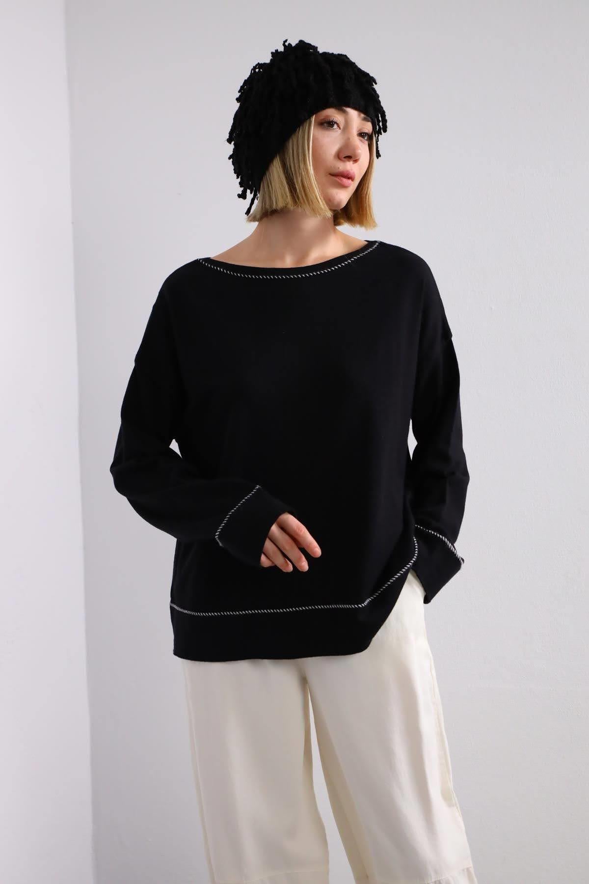 Siyah Çoban Dikişli Kayık Yaka Kazak - Şaman Butik Siyah Çoban Dikişli Kayık Yaka Kazak