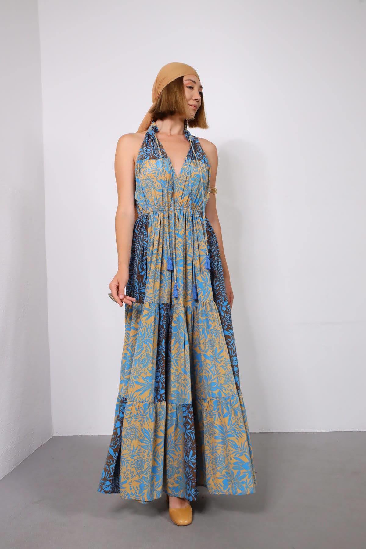 Gold Rengi Yakası Fırfırlı Desenli İpek Elbise - Şaman Butik Gold Rengi Yakası Fırfırlı Desenli İpek Elbise