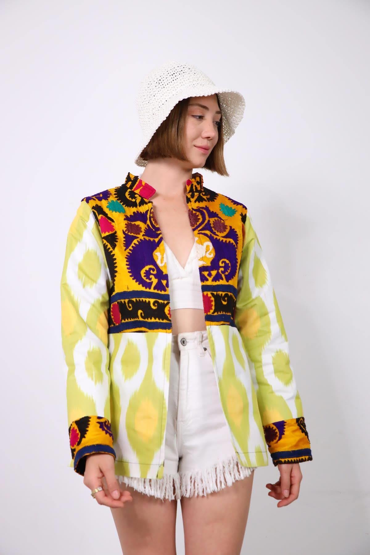 Fıstık Yeşili Suzani Kısa Kaftan - Şaman Butik Fıstık Yeşili Suzani Kısa Kaftan