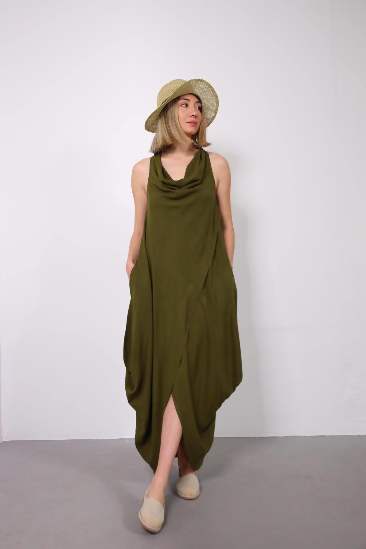 Haki Degaje Yaka Otantik Elbise - Şaman Butik Haki Degaje Yaka Otantik Elbise