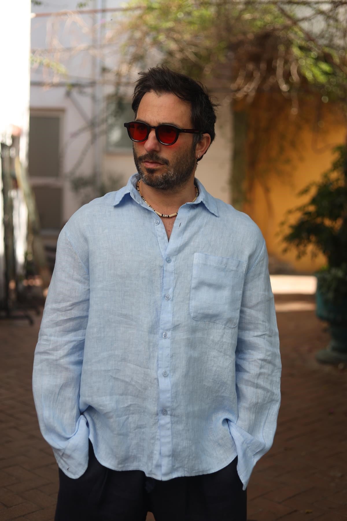 Açık Mavi Cepli Erkek Keten Gömlek