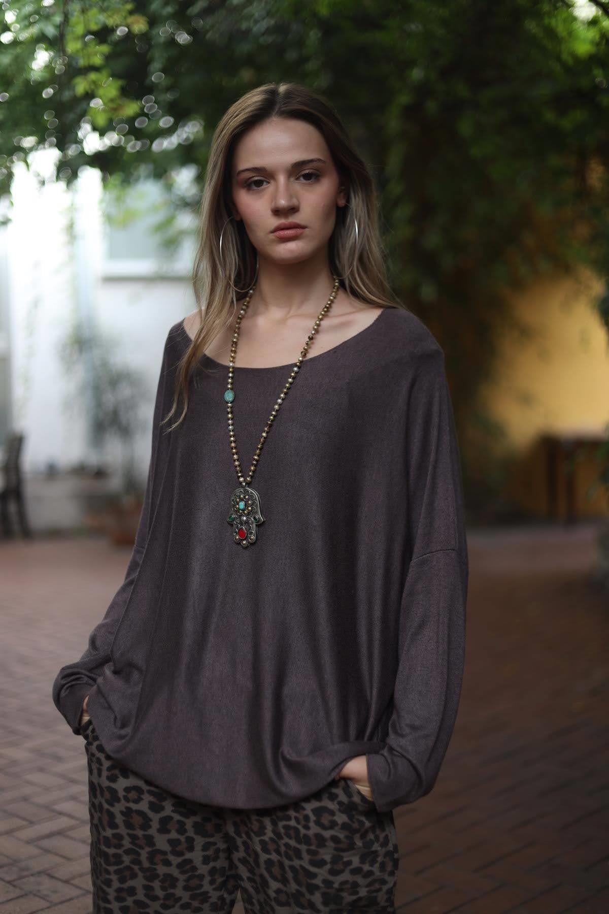 Kahverengi Salaş Yumuşak Doku Bluz