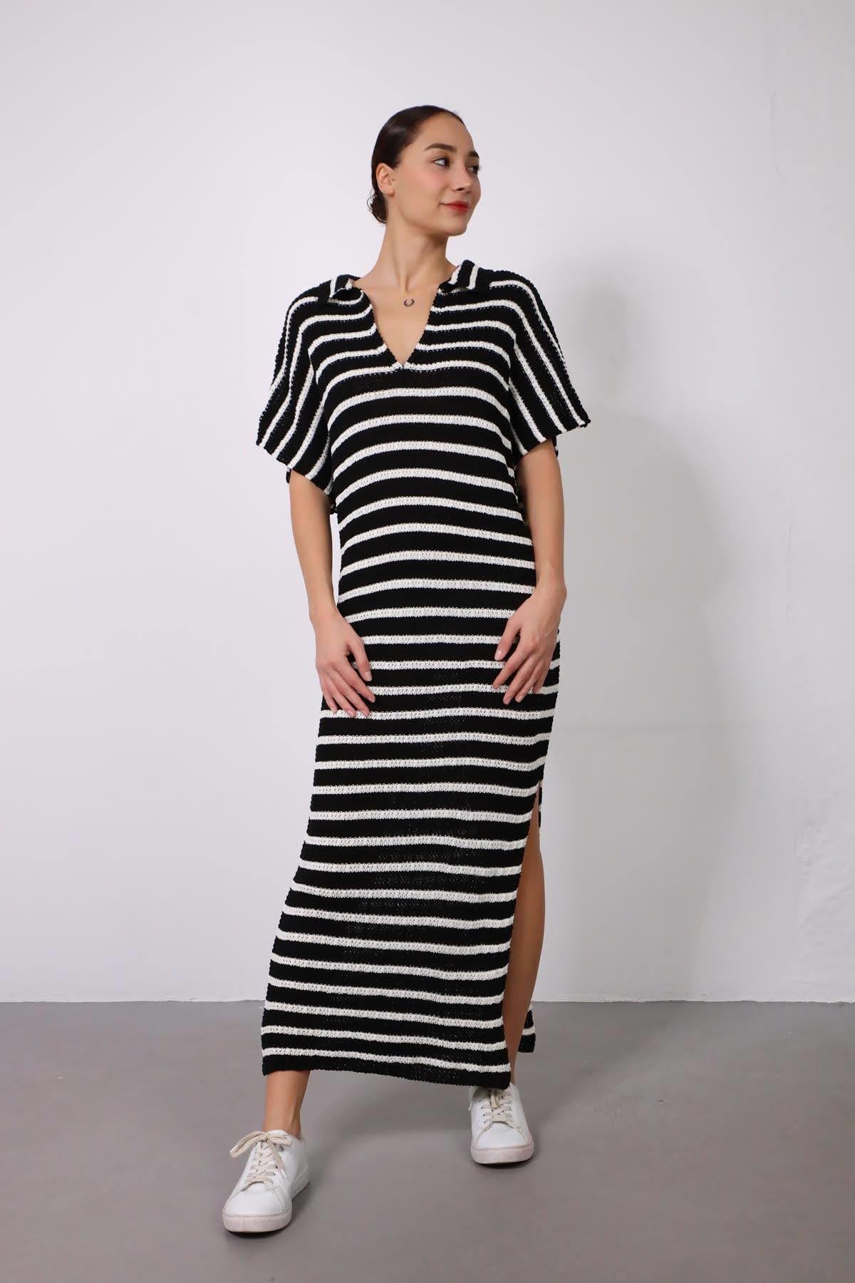 Siyah Şeritli Polo Yaka Triko Elbise - Şaman Butik Siyah Şeritli Polo Yaka Triko Elbise