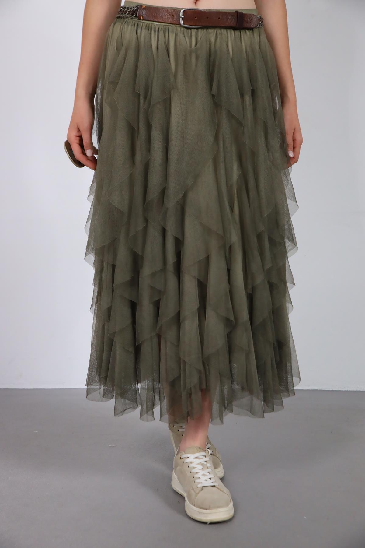  Haki Yağ Yıkama Volanlı Tül Etek