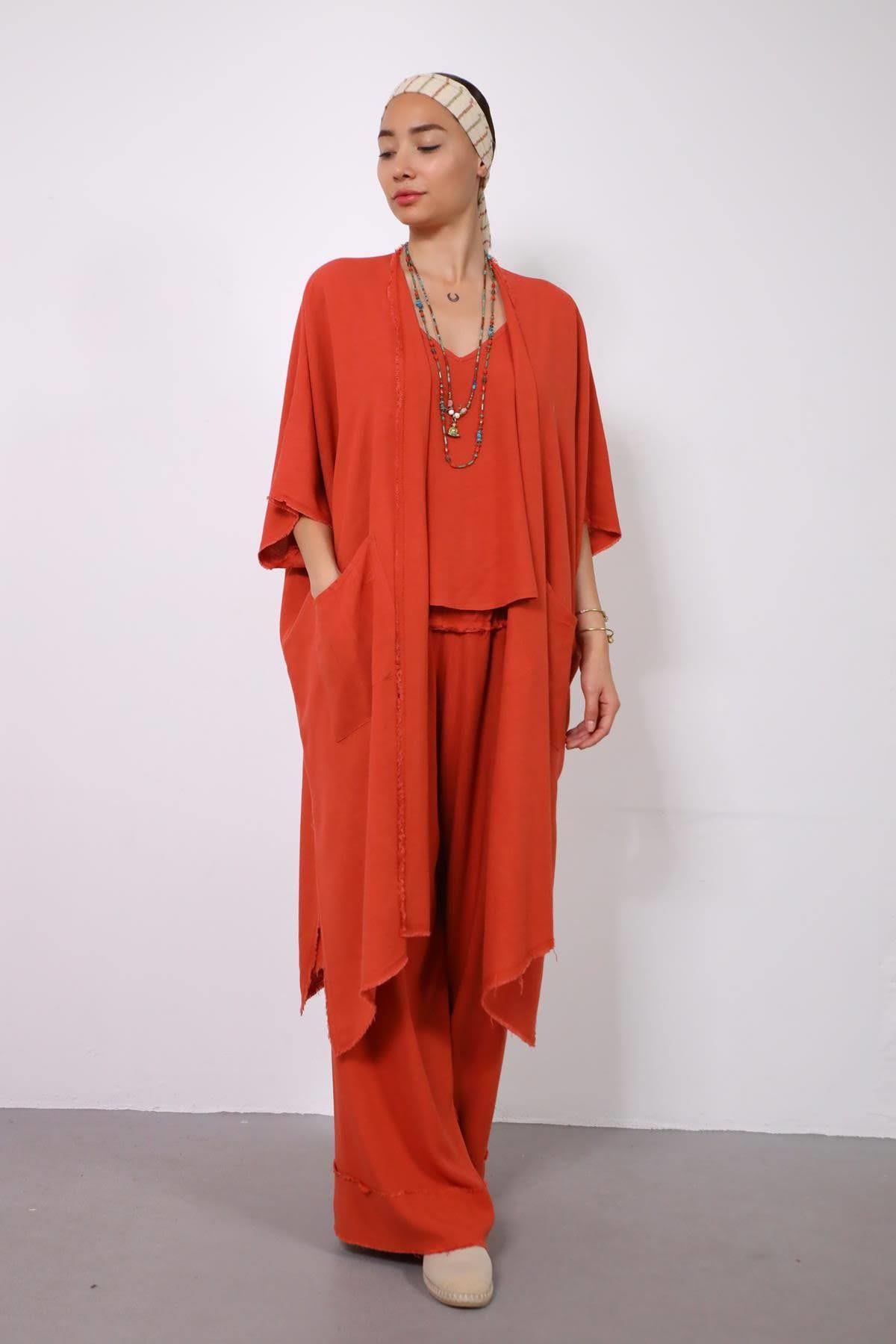 Kiremit Rengi Püsküllü Salaş Kısa Kollu Kaftan - Şaman Butik Kiremit Rengi Püsküllü Salaş Kısa Kollu Kaftan