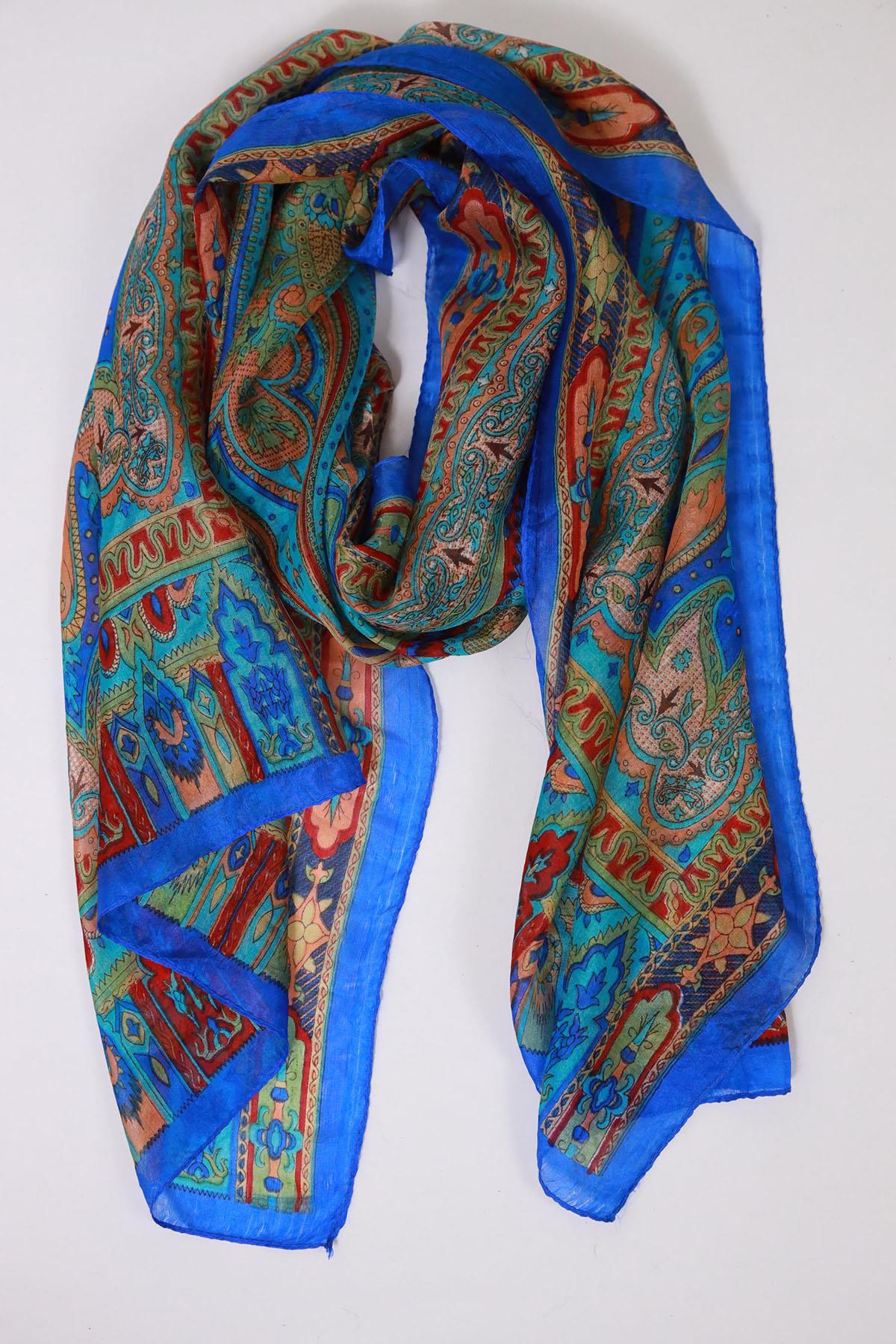Saks Mavisi Desenli İpek Şal - Şaman Butik Saks Mavisi Desenli İpek Şal