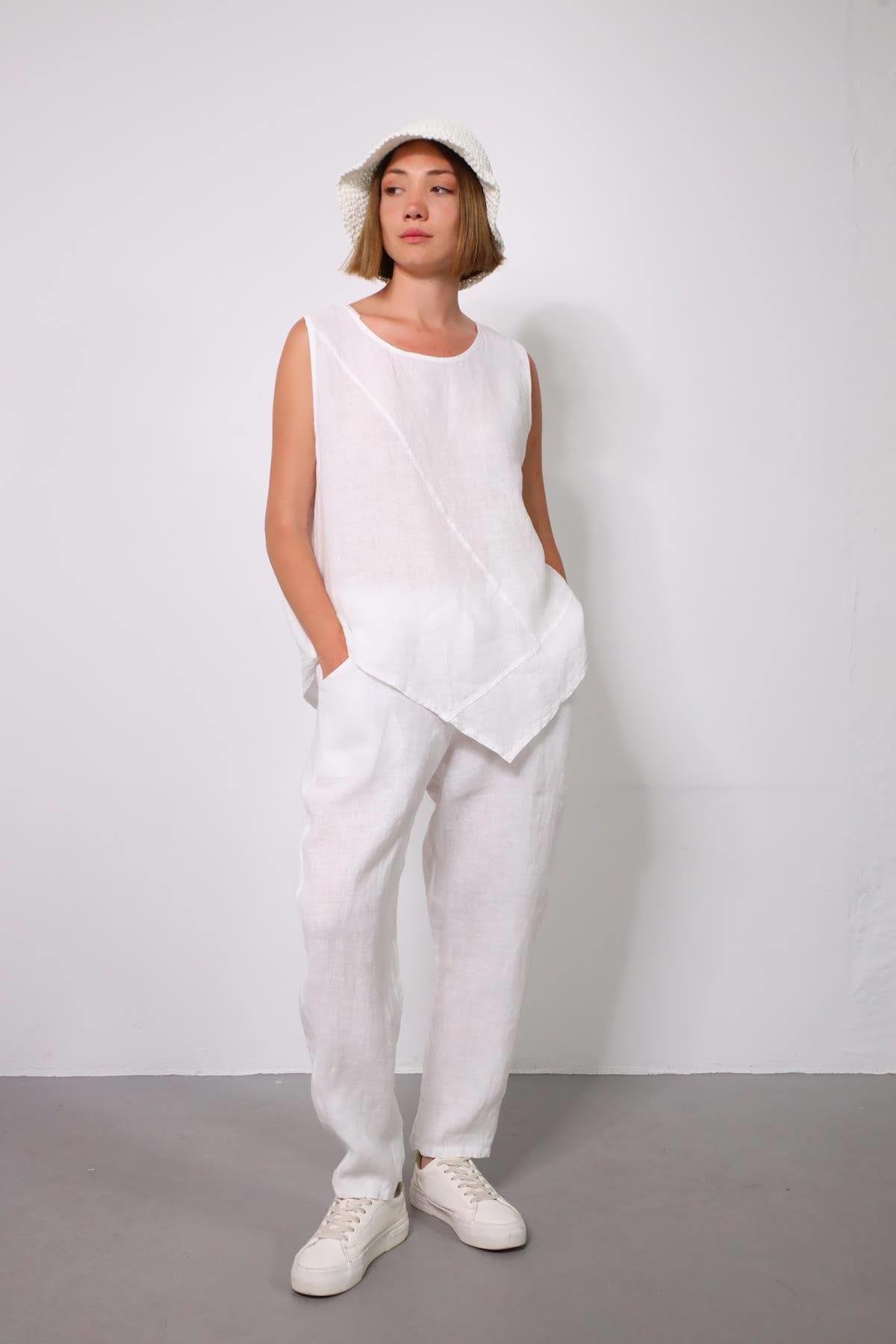  Beyaz Dikişli Sıfır Kol Bluz ve Pantolon Keten Takım