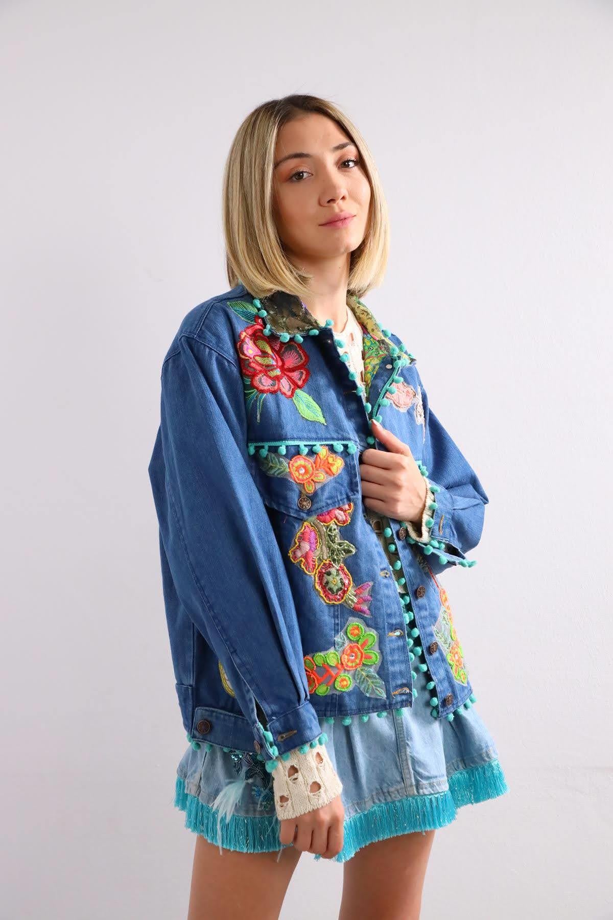  Mavi Boncuk İşlemeli Bohem Ceket