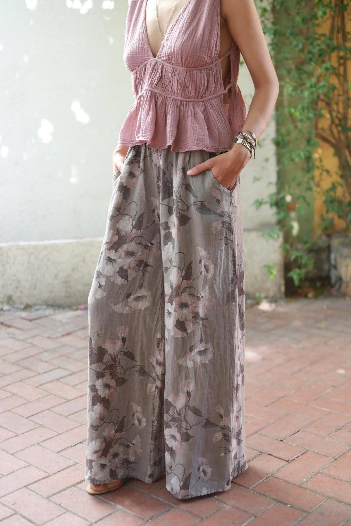 Vizon Rengi Çiçek Desenli Beli Lastikli Asena Pantolon