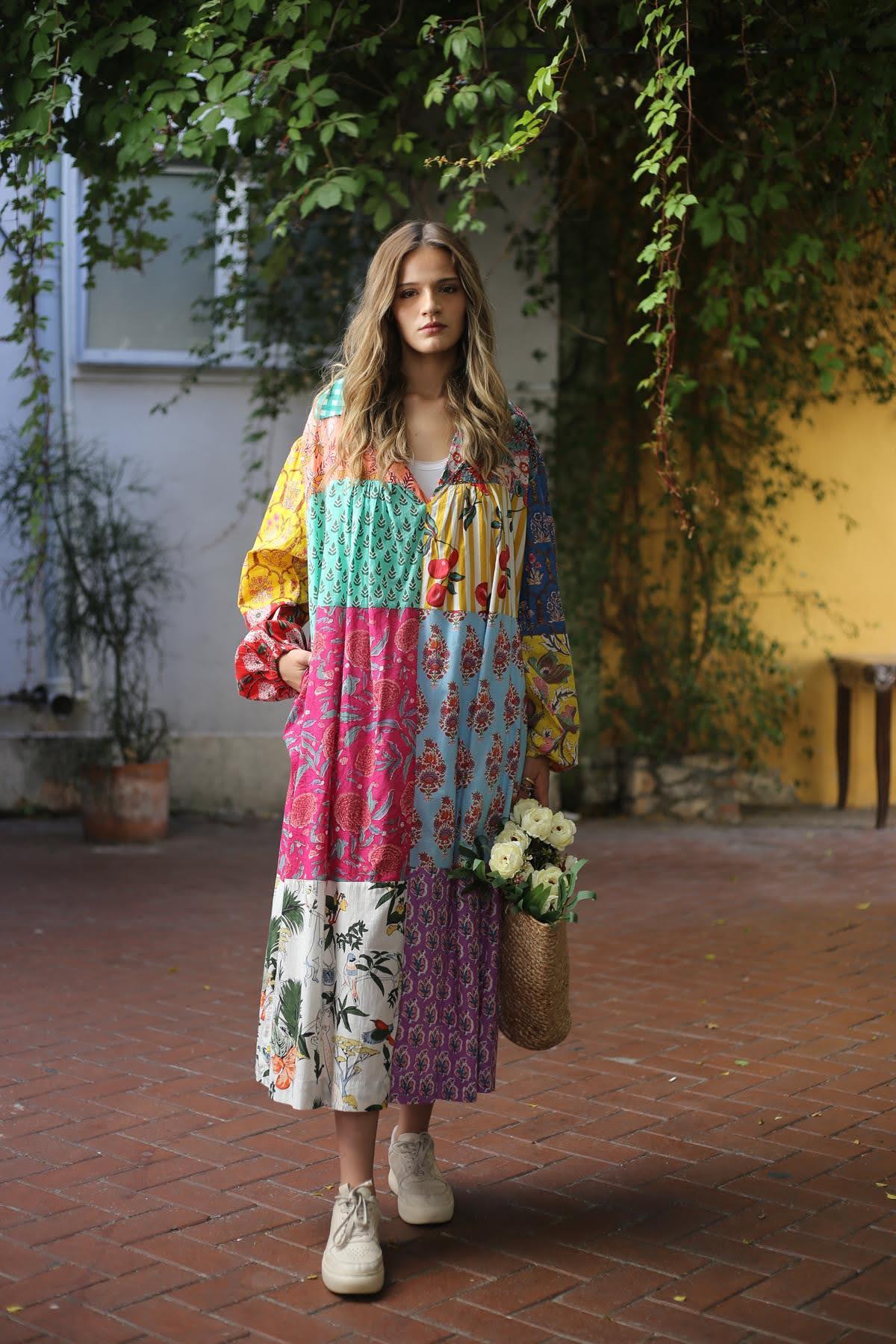 Renkli Yakalı Salaş Patchwork Elbise