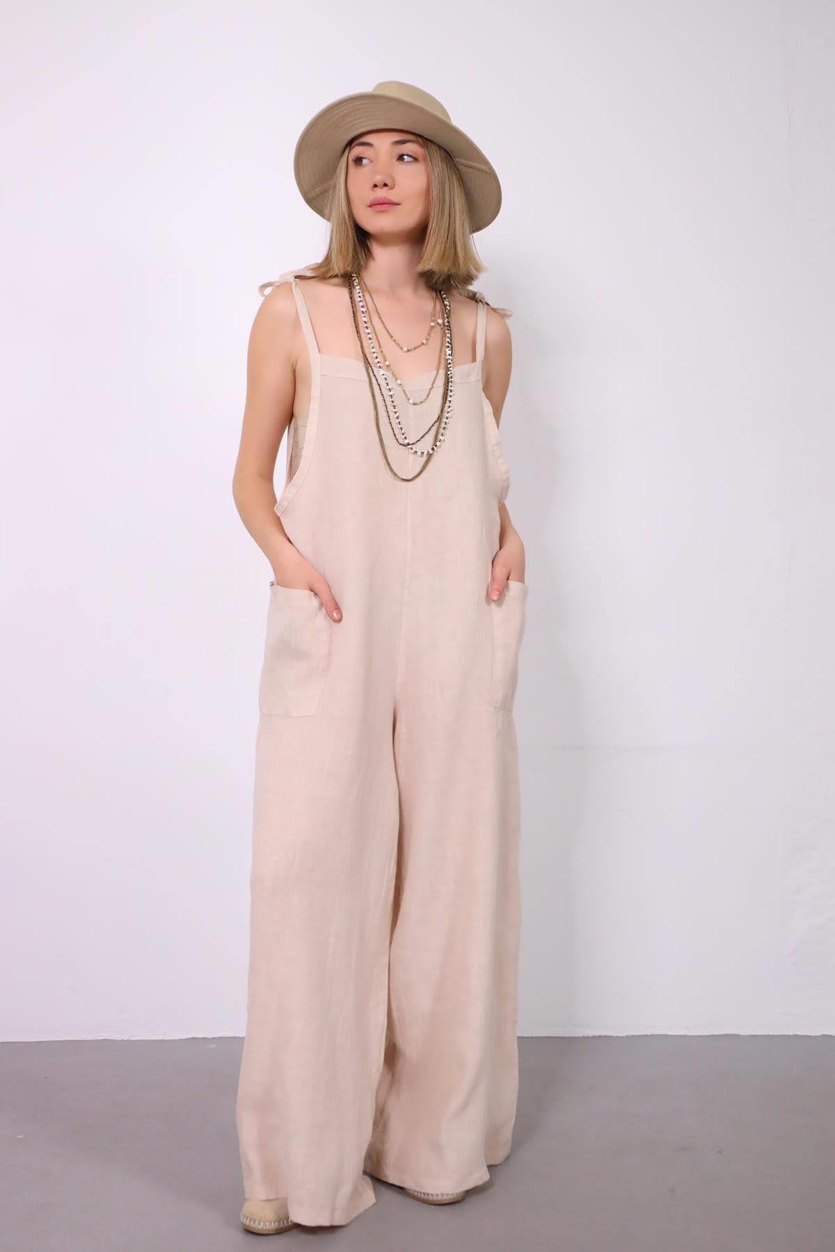 Krem Rengi Yanları Cepli Keten Salopet Tulum - Şaman Butik Krem Rengi Yanları Cepli Keten Salopet Tulum