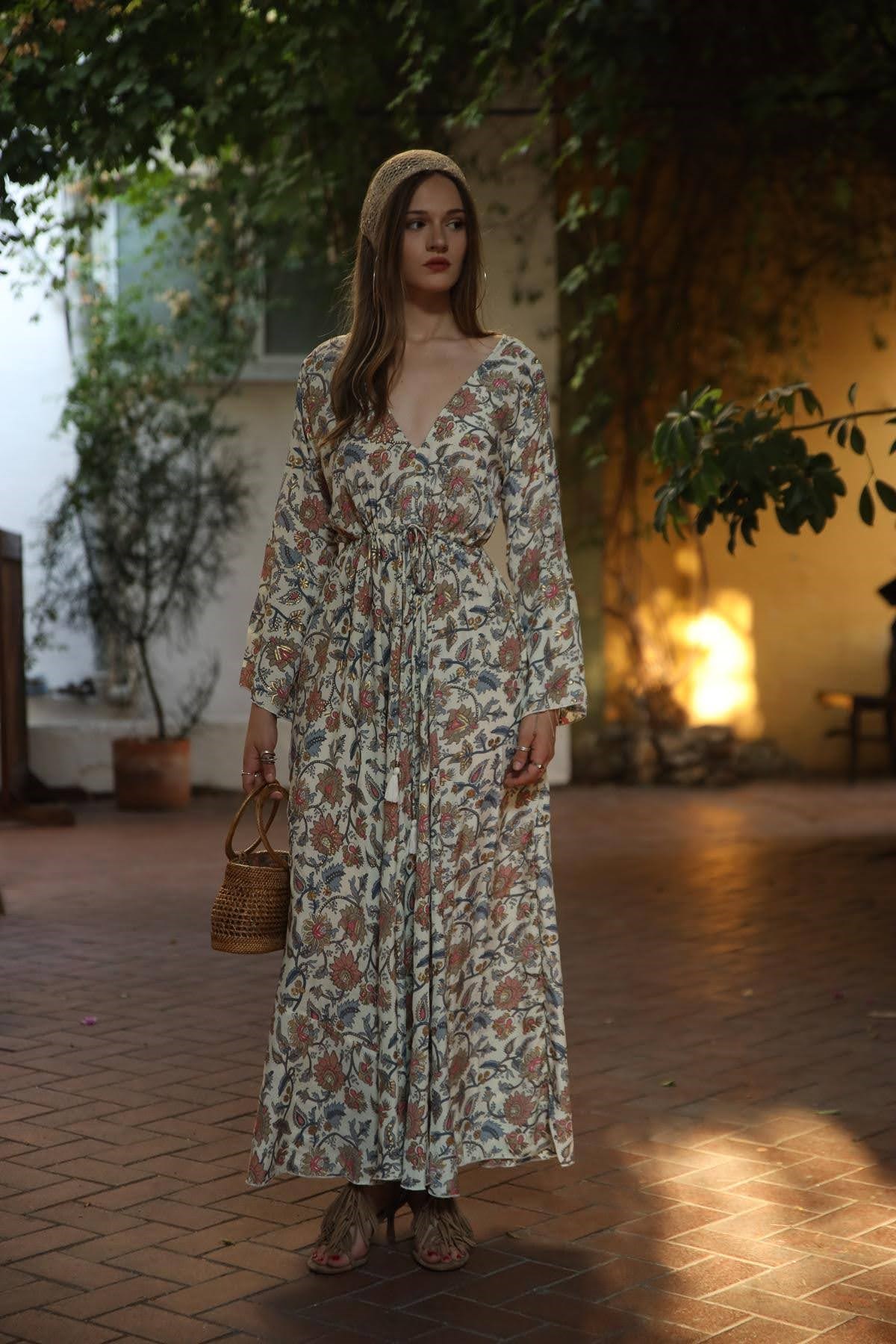 Ecru Floral Patterned Backless Silk Dress