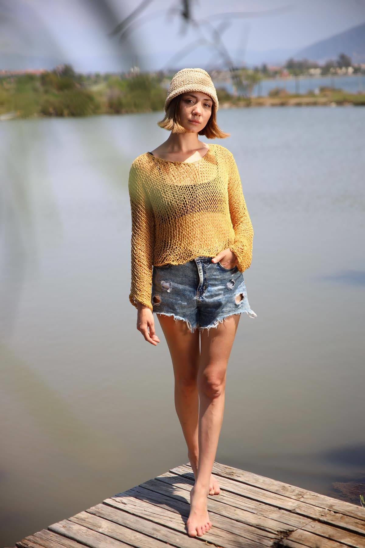 Hardal Rengi El Yapımı Örme Bluz - Şaman Butik Hardal Rengi El Yapımı Örme Bluz