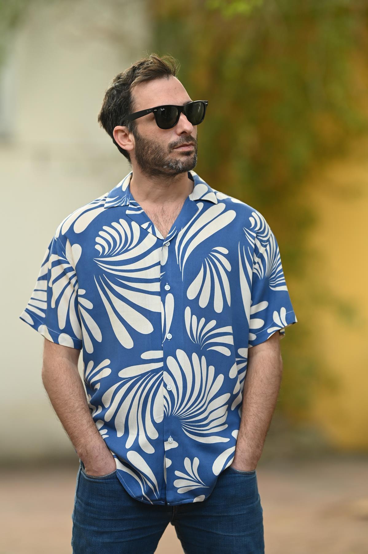 Indigo Blue Patterned Short Sleeve Men's Shirt