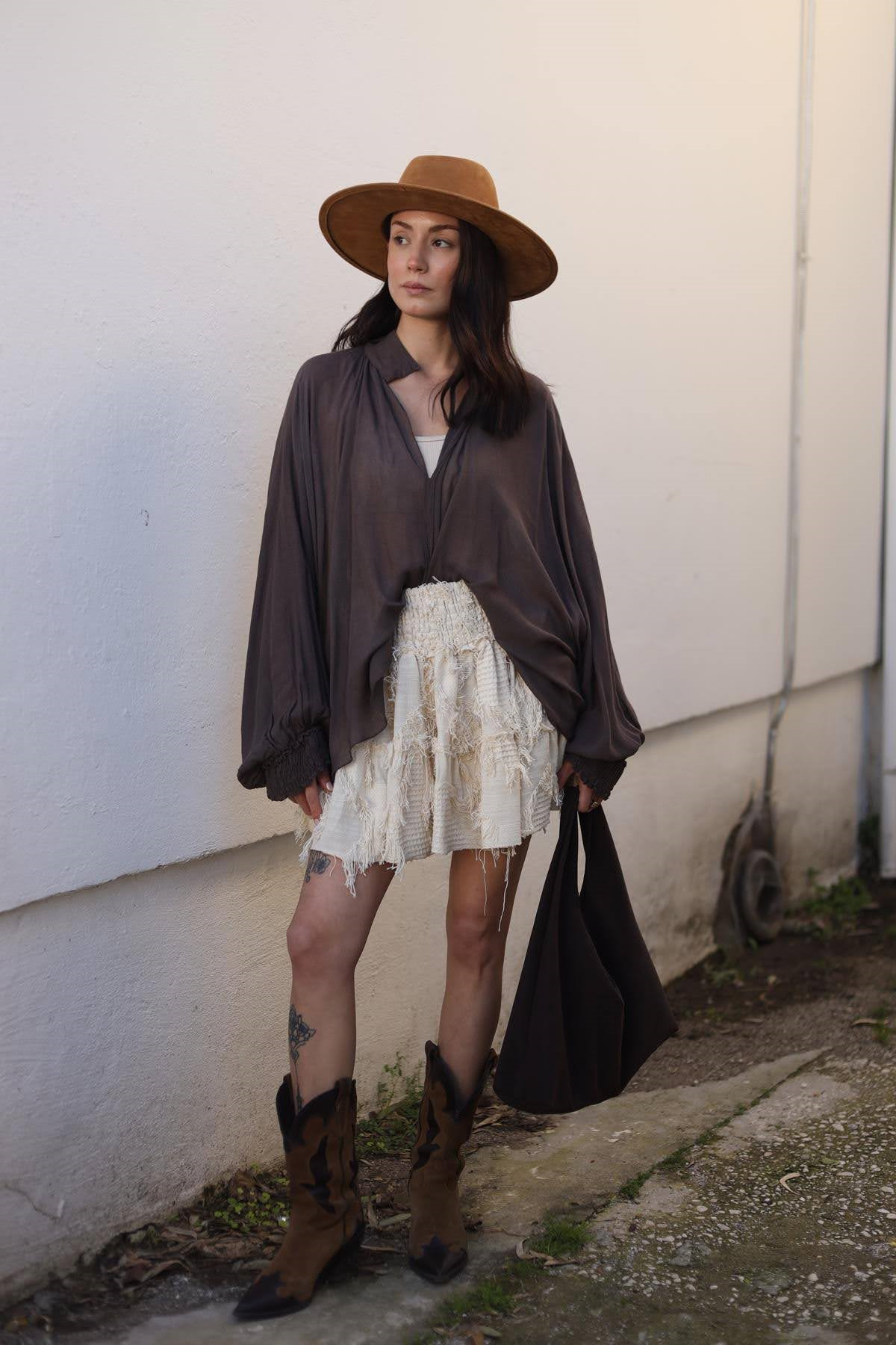 Kahverengi Gömlek Yaka Manşetleri Gipeli Bluz