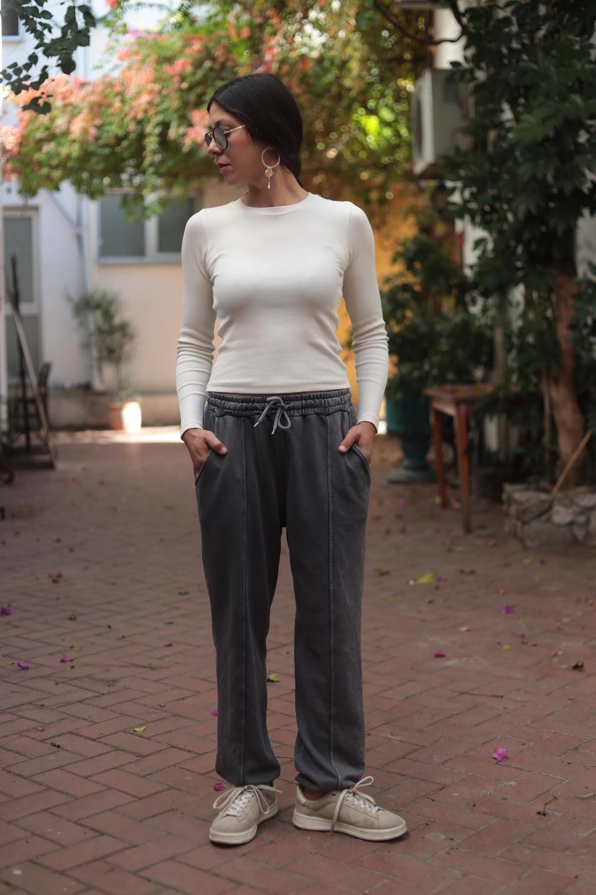 Antrasit Yıkamalı Paçası Lastikli Eşofman Pantolon