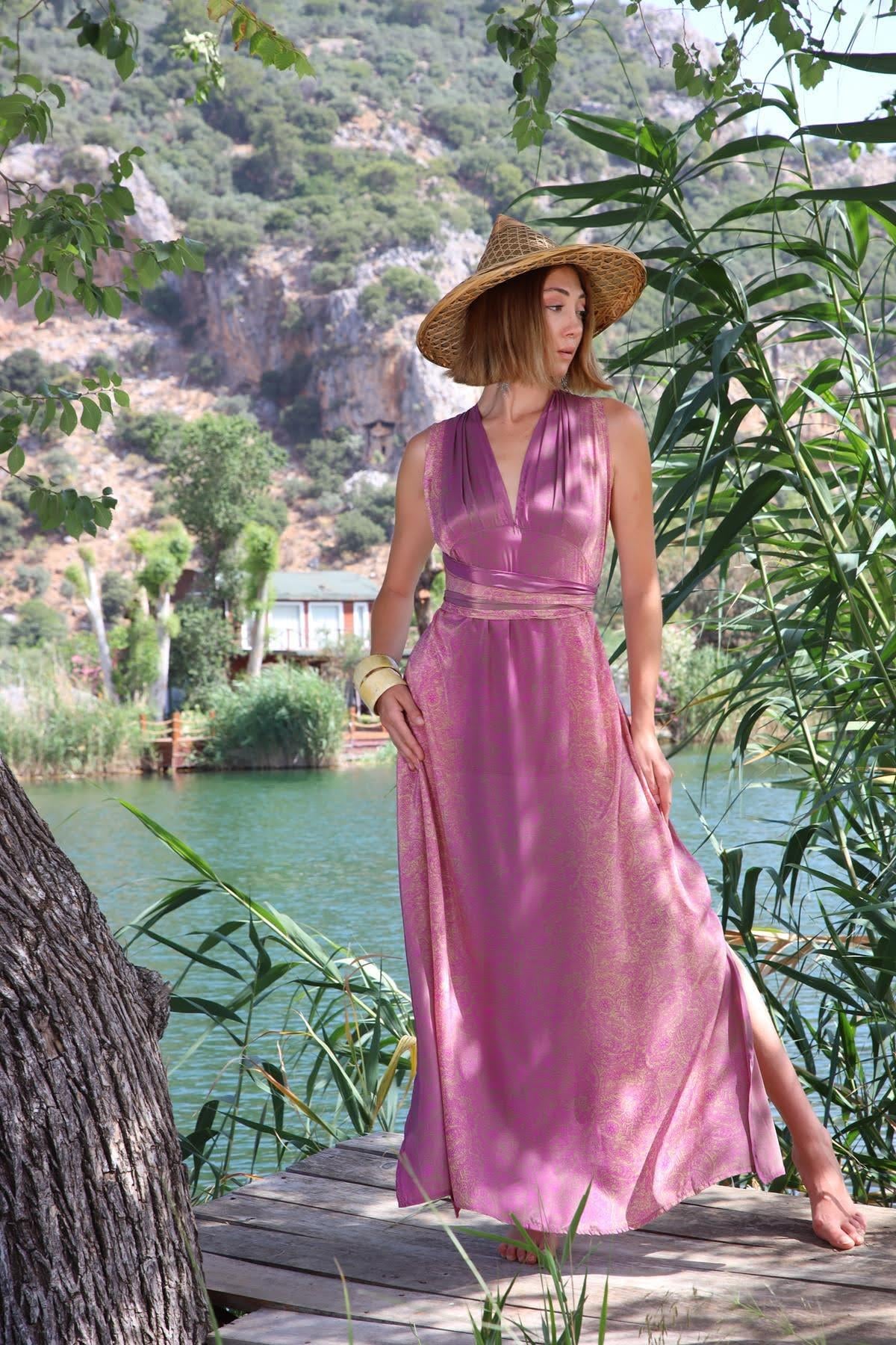 Mor Boyundan Bağlamalı Evaze Etek İpek Elbise - Şaman Butik Mor Boyundan Bağlamalı Evaze Etek İpek Elbise