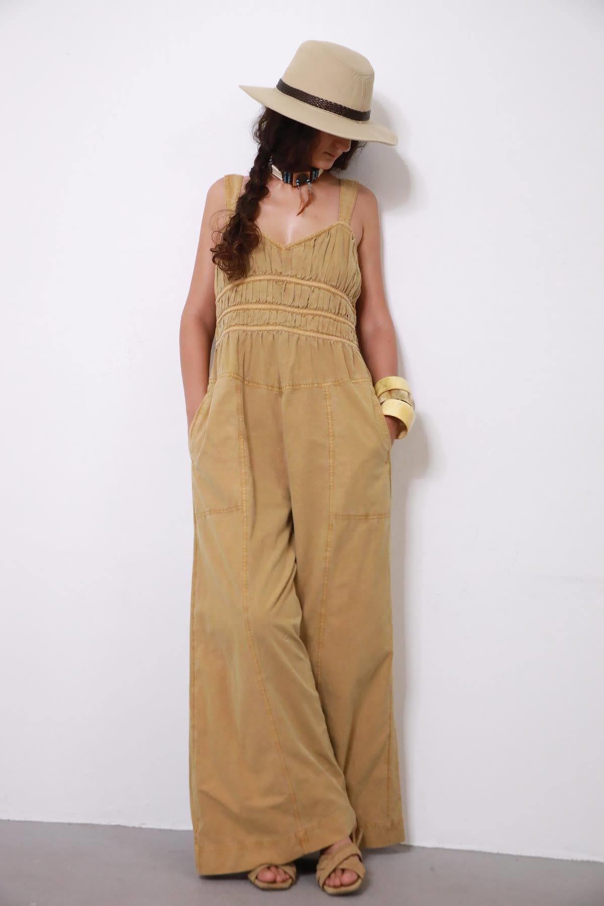  Camel Rengi Dikiş Detaylı Ayarlanabilir Askılı Tulum