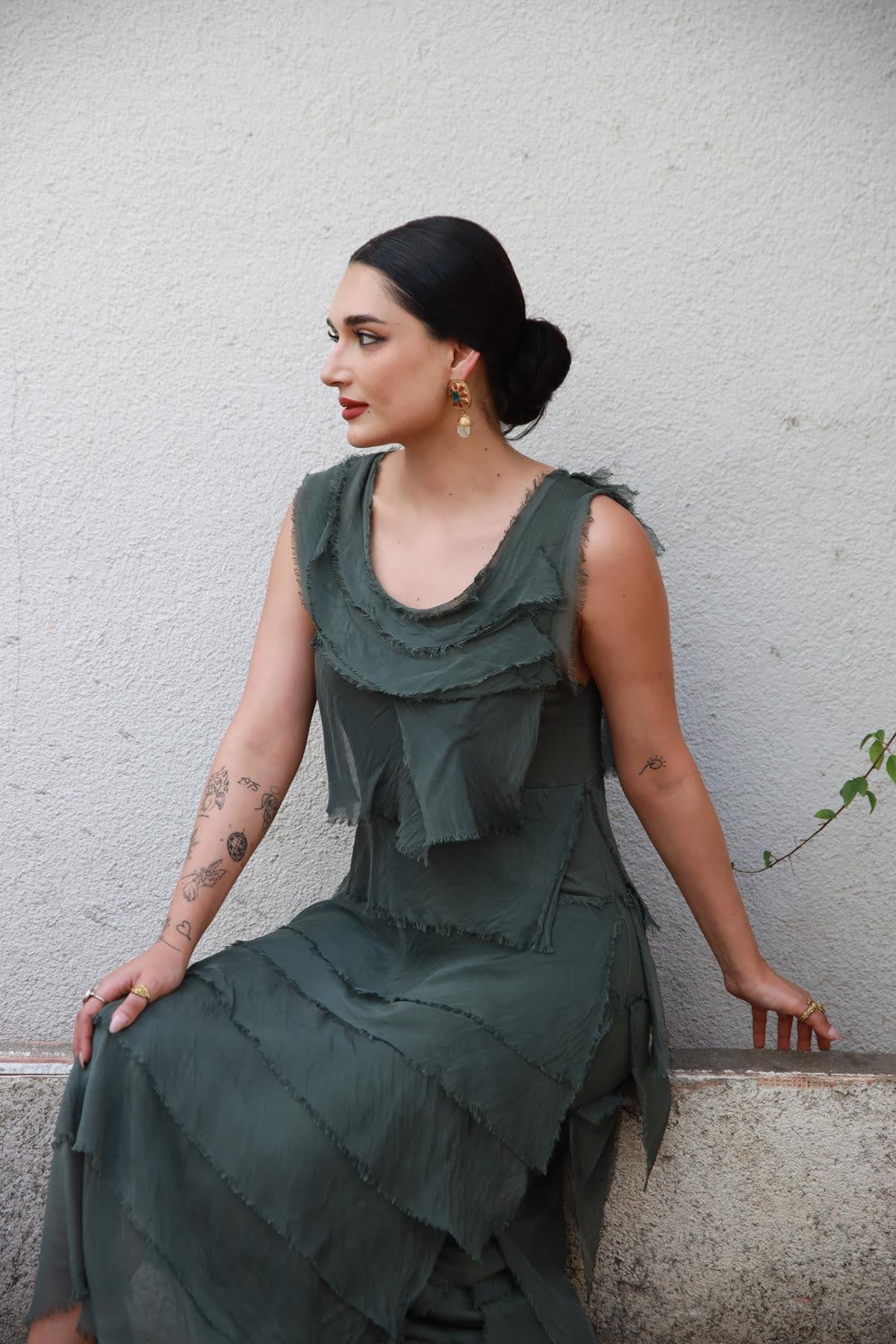 Khaki Sleeveless Layered Silk Dress