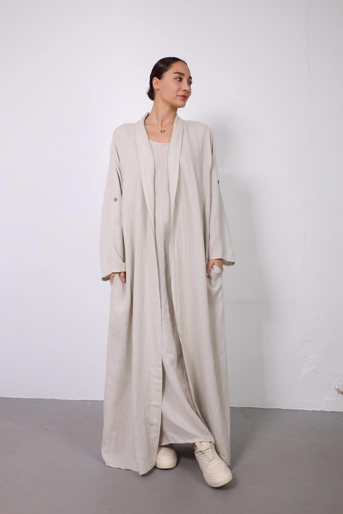  Krem Rengi Kolu Apoletli Kaftan