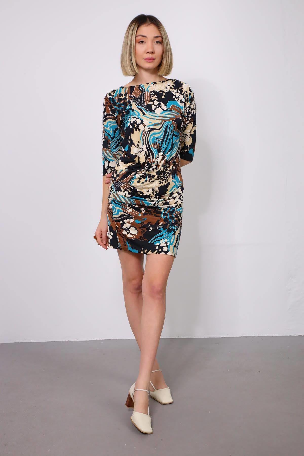 Desenli Beli Pileli Jarse Elbise - Şaman Butik Desenli Beli Pileli Jarse Elbise