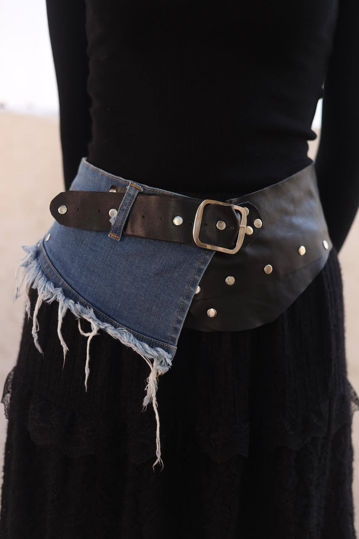 Black Denim Detailed Leather Belt