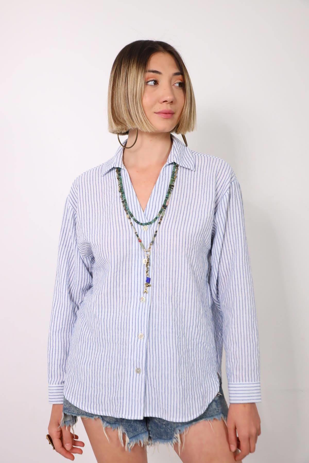  Mavi Çizgili V Yaka Oversize Gömlek