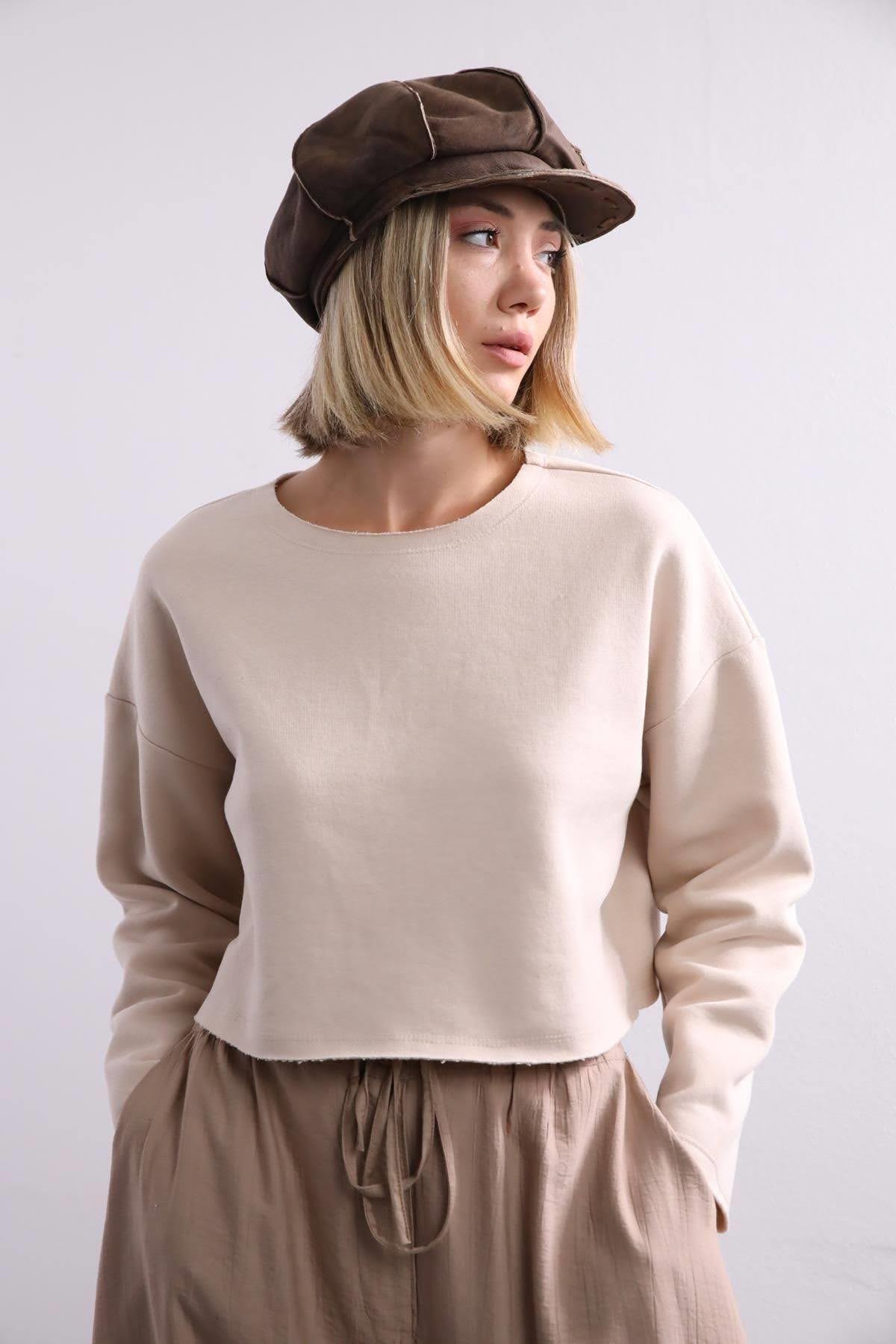  Taş Rengi Salaş Crop Sweat