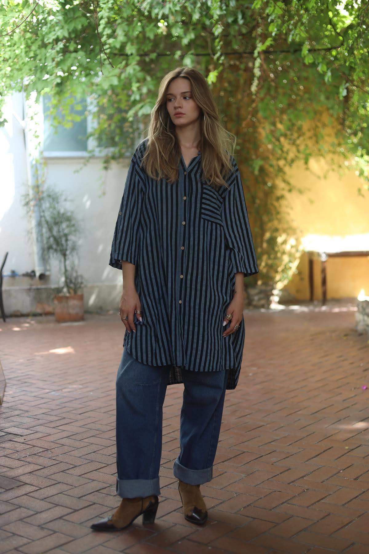 Black Gray Striped Shirt Dress