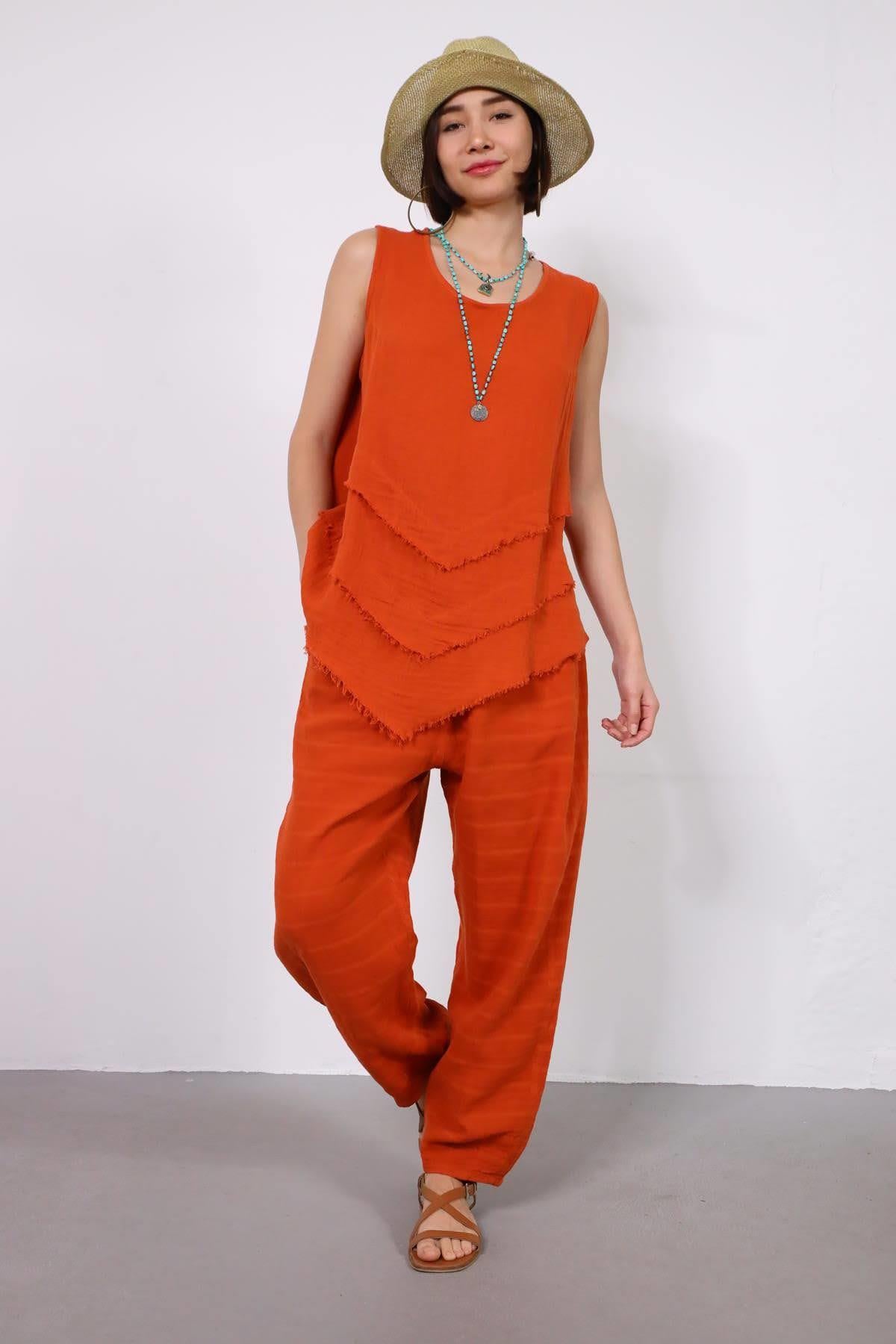 Kiremit Rengi Paçası Pileli Müslin Pantolon - Şaman Butik Kiremit Rengi Paçası Pileli Müslin Pantolon