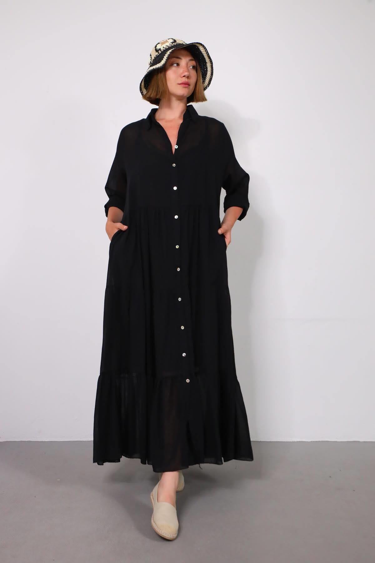  Siyah Sırtı Pileli Uzun Gömlek Elbise