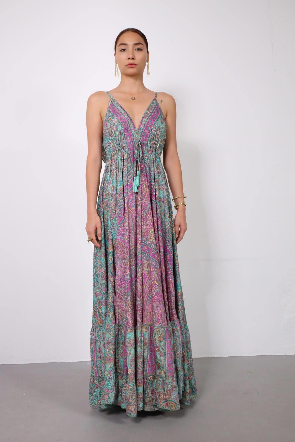 Turkuaz Arkası Fırfırlı Askılı İpek Elbise - Şaman Butik Turkuaz Arkası Fırfırlı Askılı İpek Elbise