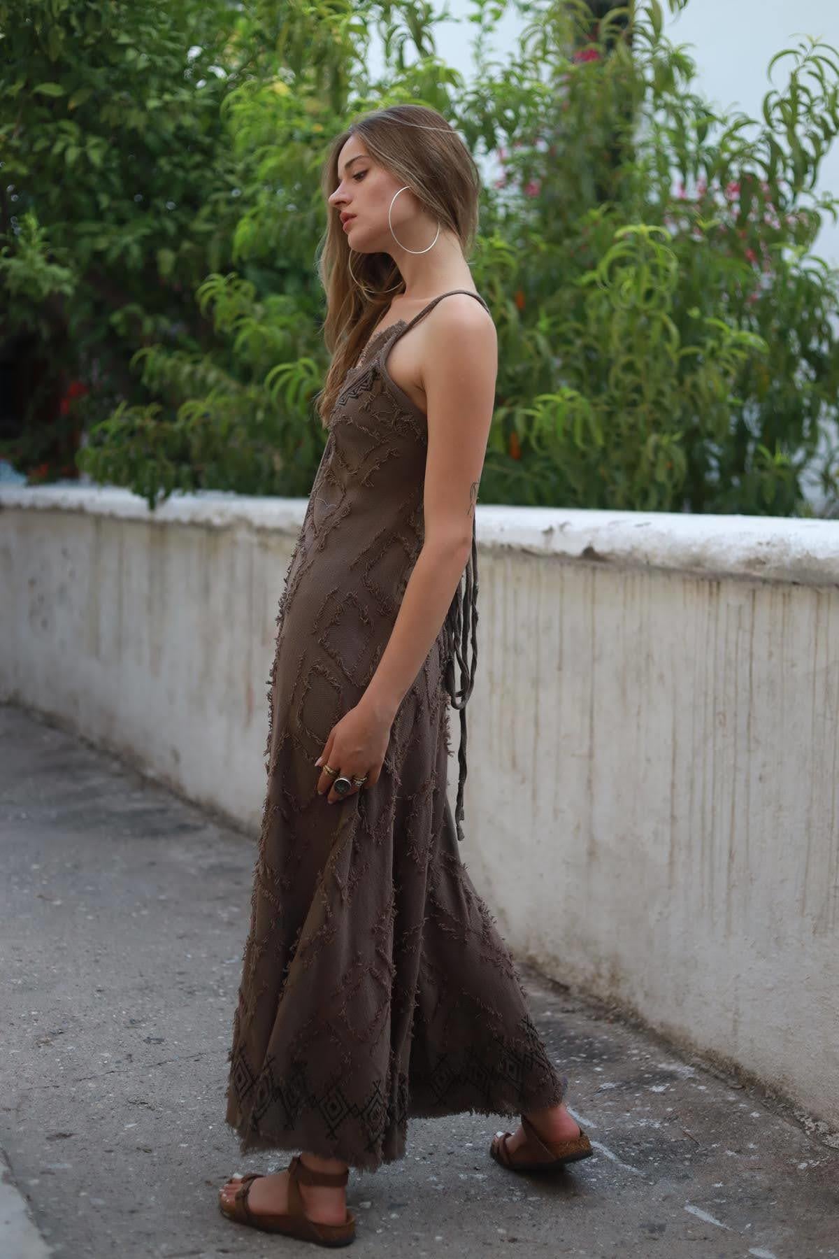 Vizon Rengi Püskül Desenli Askılı Bohem Elbise