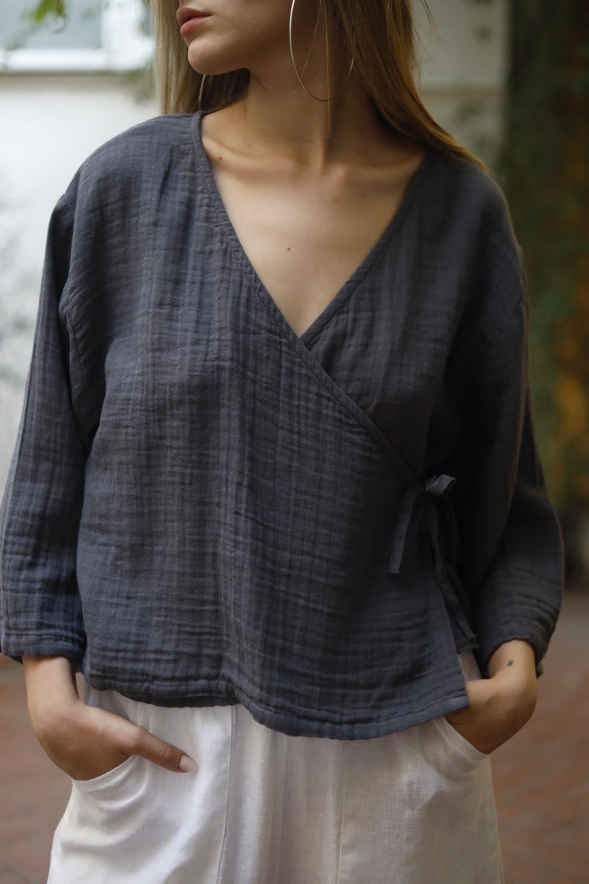 Füme Rengi İp Bağlamalı Crop Bluz