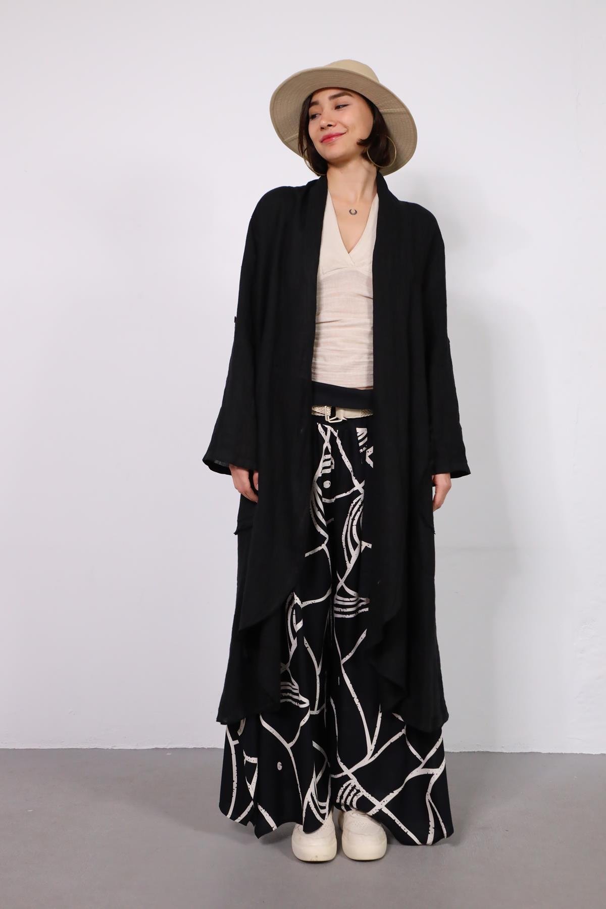 Siyah Cebi Düğmeli Keten Kaftan - Şaman Butik - Bohem Giyim ve Aksesuar | Kadın & Erkek Siyah Cebi Düğmeli Keten Kaftan