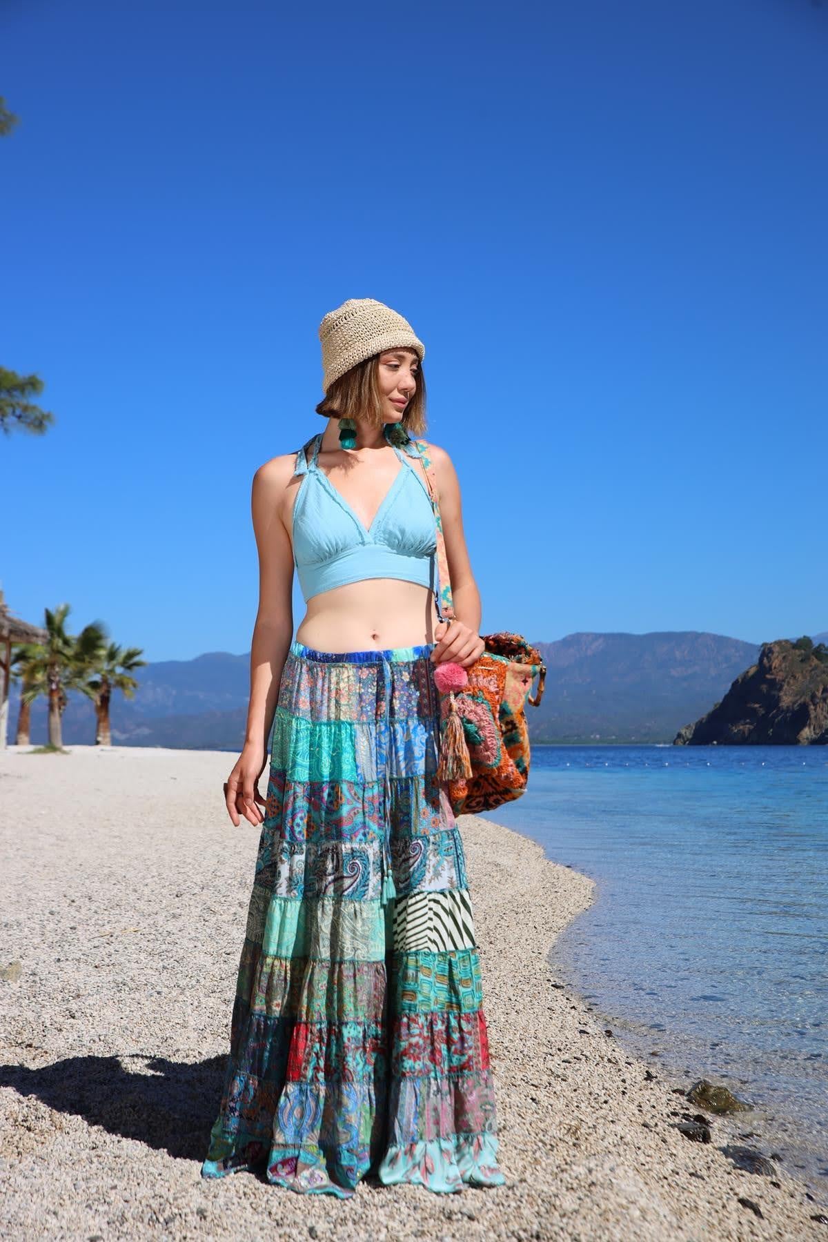 Renkli Patchwork Otantik İpek Etek - Şaman Butik Renkli Patchwork Otantik İpek Etek