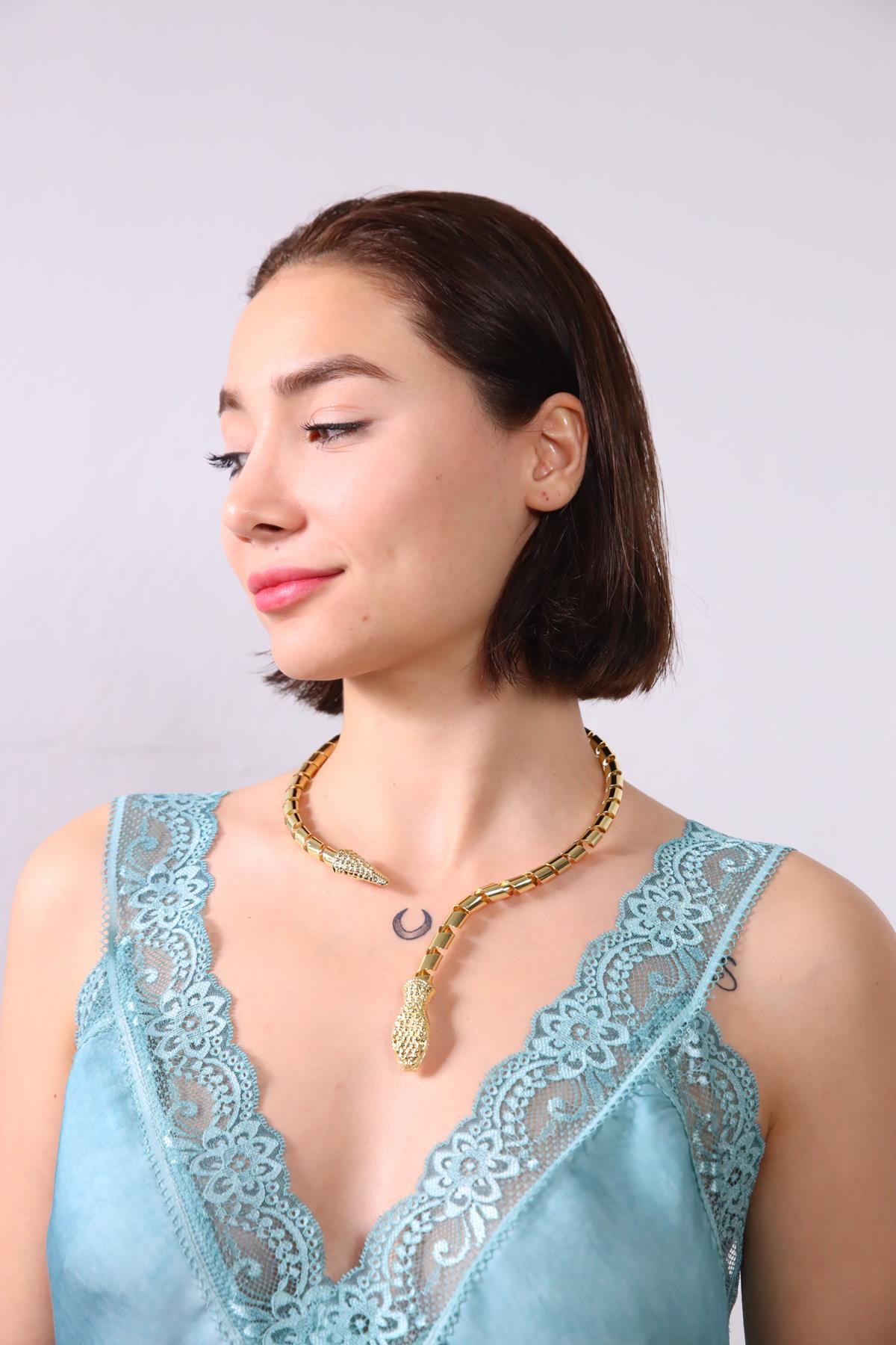 Sarı Bronz Üstü Altın Kaplama Yılan Kolye - Şaman Butik Sarı Bronz Üstü Altın Kaplama Yılan Kolye