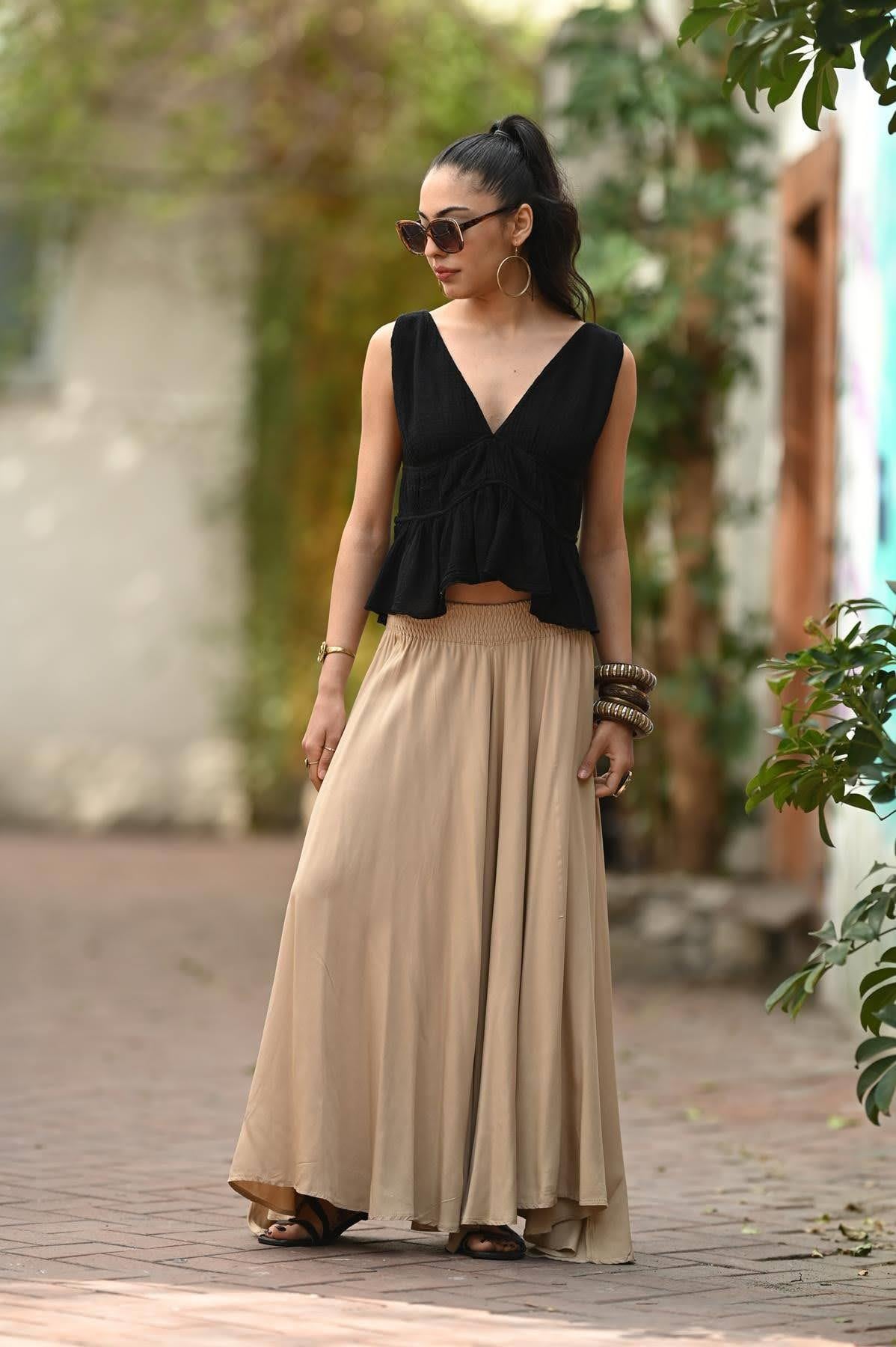 Camel Rengi Beli Gipeli Bol Paça Salaş Pantolon