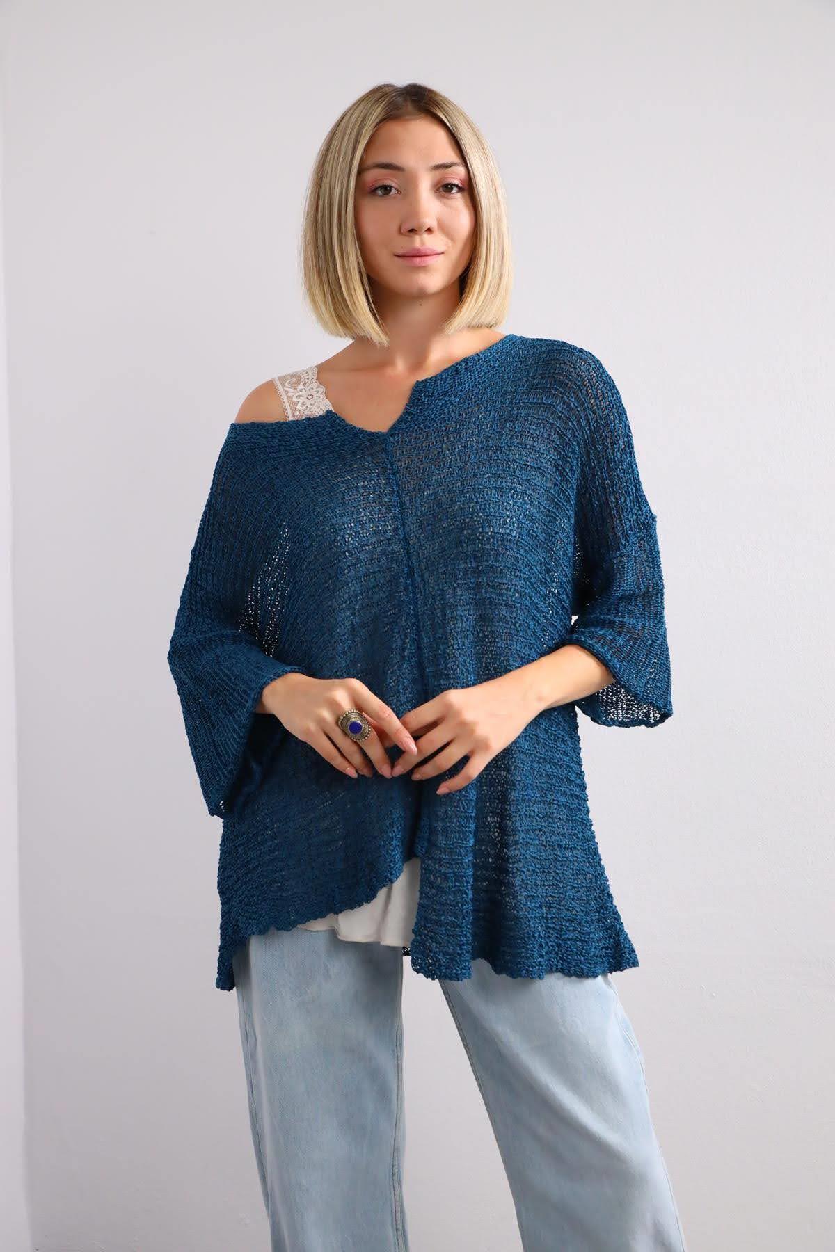 Petrol Blue Collar Cut Out Detail Mercerized Blouse Petrol Blue Collar Cut Out Detail Mercerized Blouse