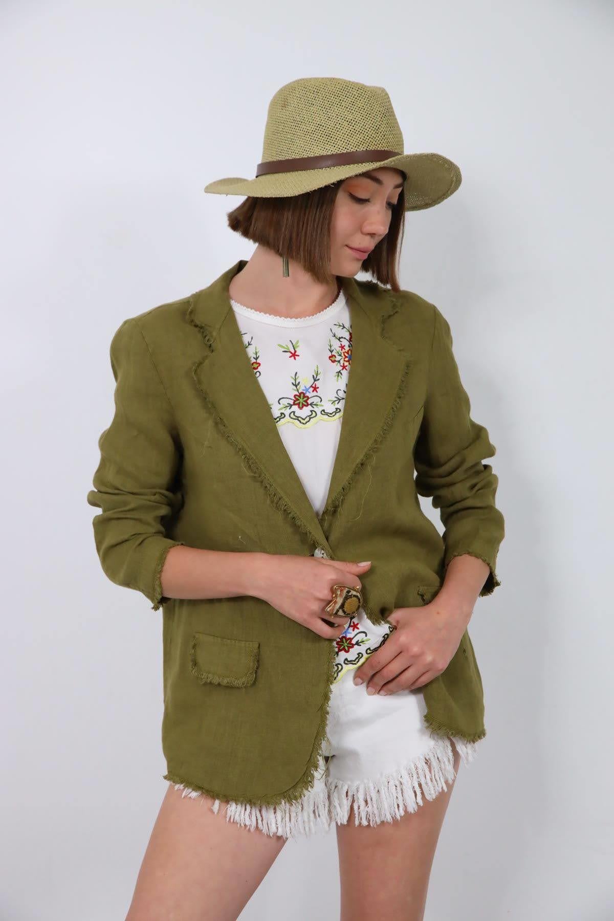 Haki Tek Düğmeli Püsküllü Ceket - Şaman Butik Haki Tek Düğmeli Püsküllü Ceket