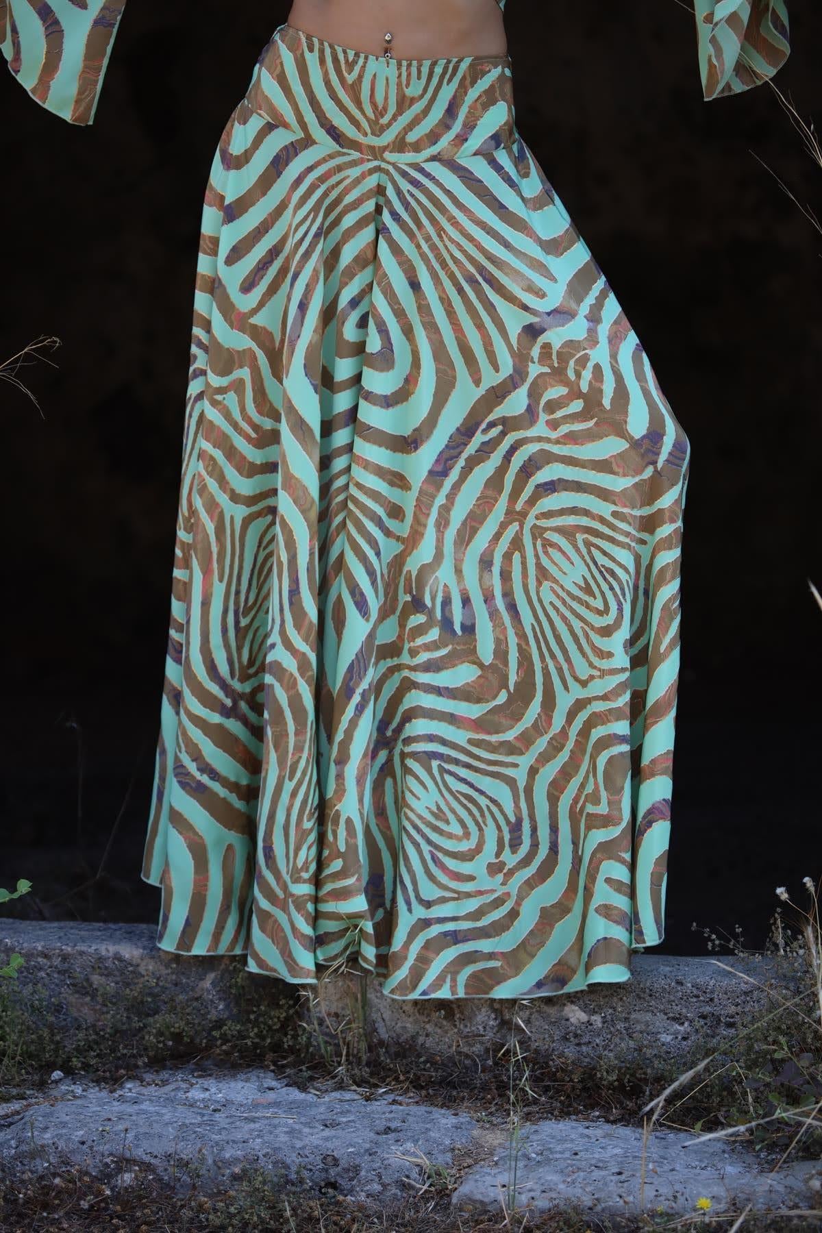 Mint Yeşili Desenli İpek Pantolon Etek